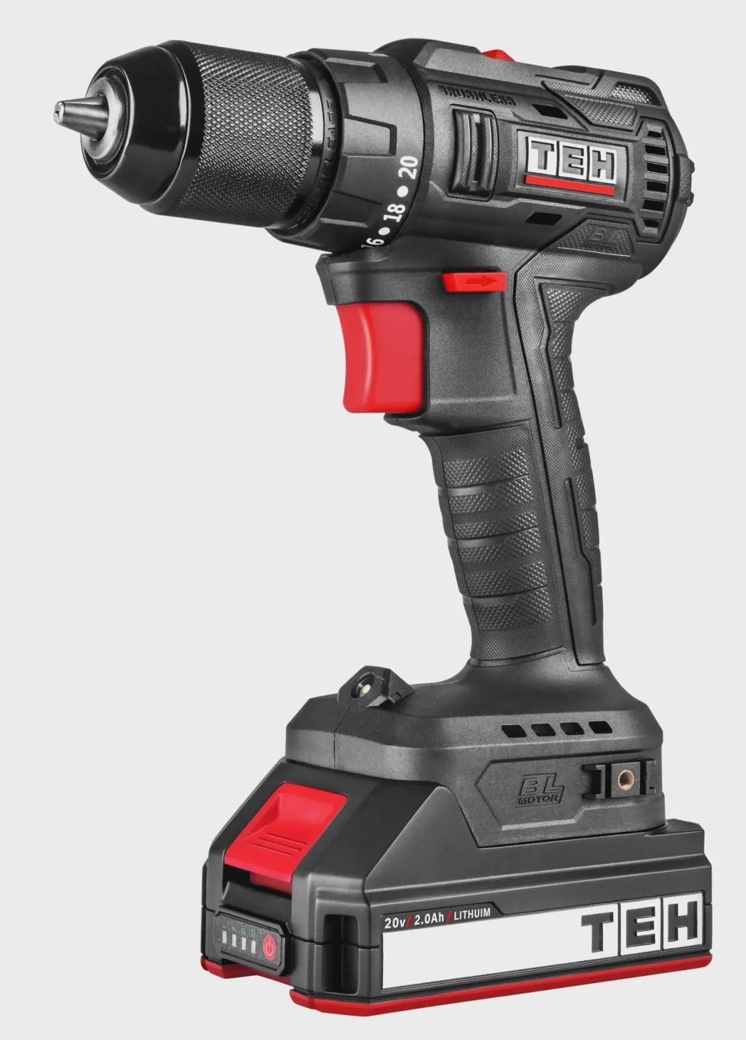 TEH brushless cordless impact driver drill, black and red, 20V, 2.0Ah lithium-ion battery, with speed settings and adjustable torque.