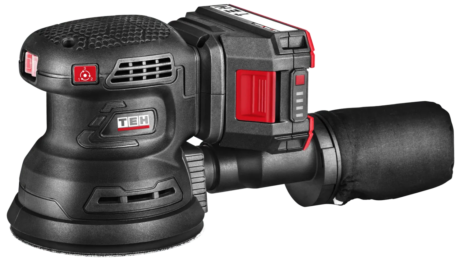 TEH LS402 20V cordless random orbital sander, 125mm, black and red, brushless motor, variable speed control, TEH logo.