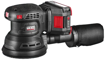 TEH LS402 20V cordless random orbital sander, 125mm, black and red, brushless motor, variable speed control, TEH logo.