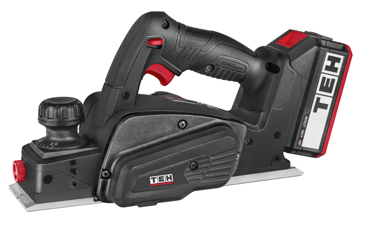 TEH cordless planer, 82mm handheld wood cutting tool, black and red, lithium-ion battery, 20V 4.0Ah, LP820 model.