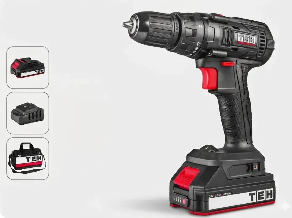 TEH Cordless impact drill driver, 2-speed, 30Nm, black and red, TEH branding, battery and charger included, in a carrying case.