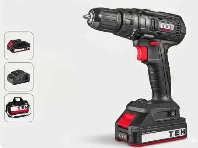 TEH Cordless impact drill driver, 2-speed, 30Nm, black and red, TEH branding, battery and charger included, in a carrying case.