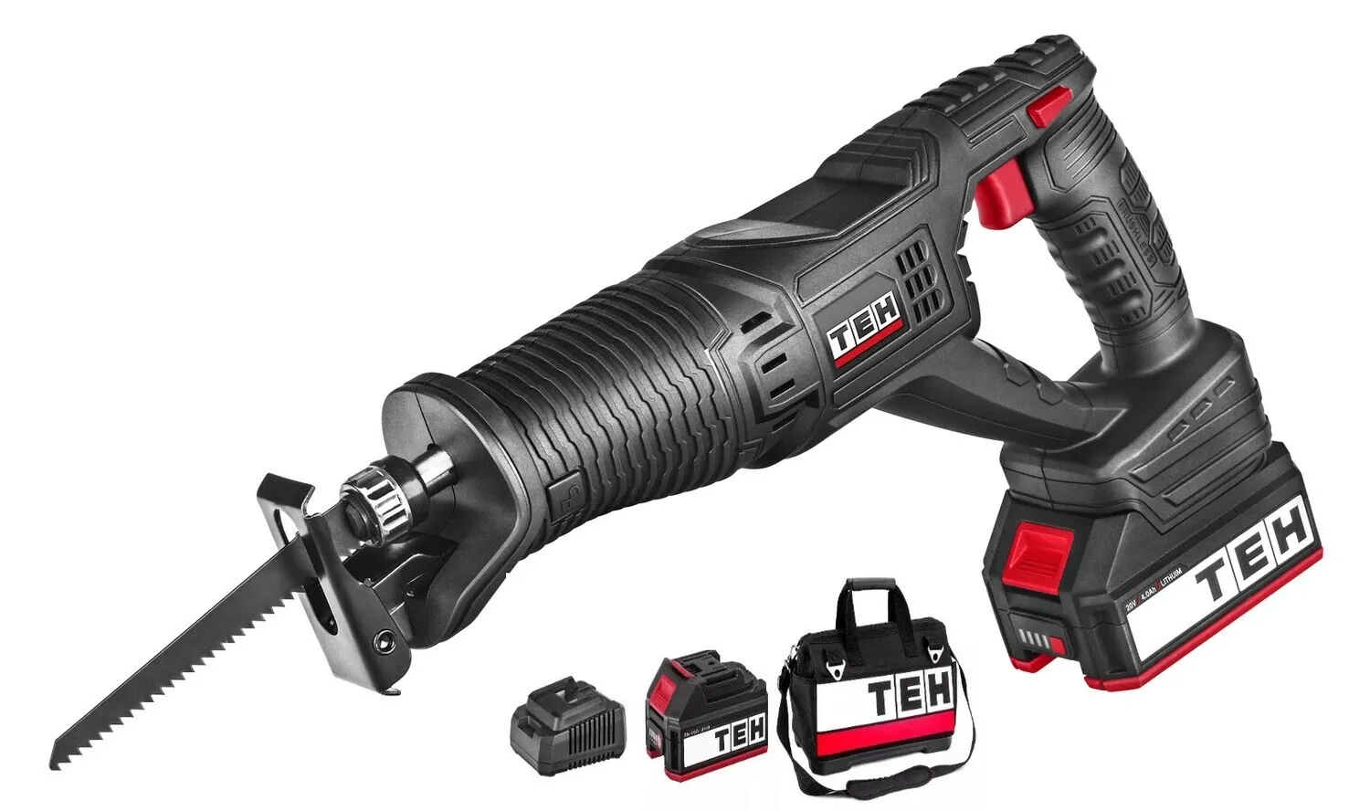TEH Cordless Reciprocating Saw 22mm Brushless, black and red, with battery, charger and bag, for wood and metal cutting, LRS622-4.0Ah.