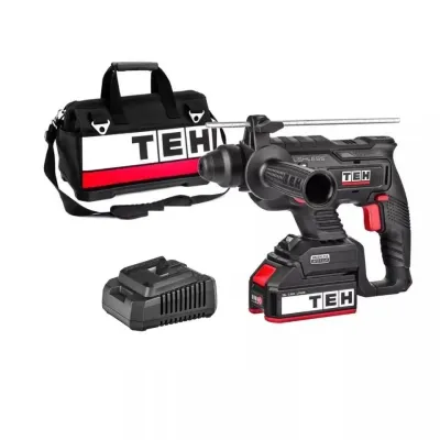 TEH LH220 20V brushless SDS rotary hammer drill kit with 4Ah battery, drill, hammer, chisel, and carrying bag.