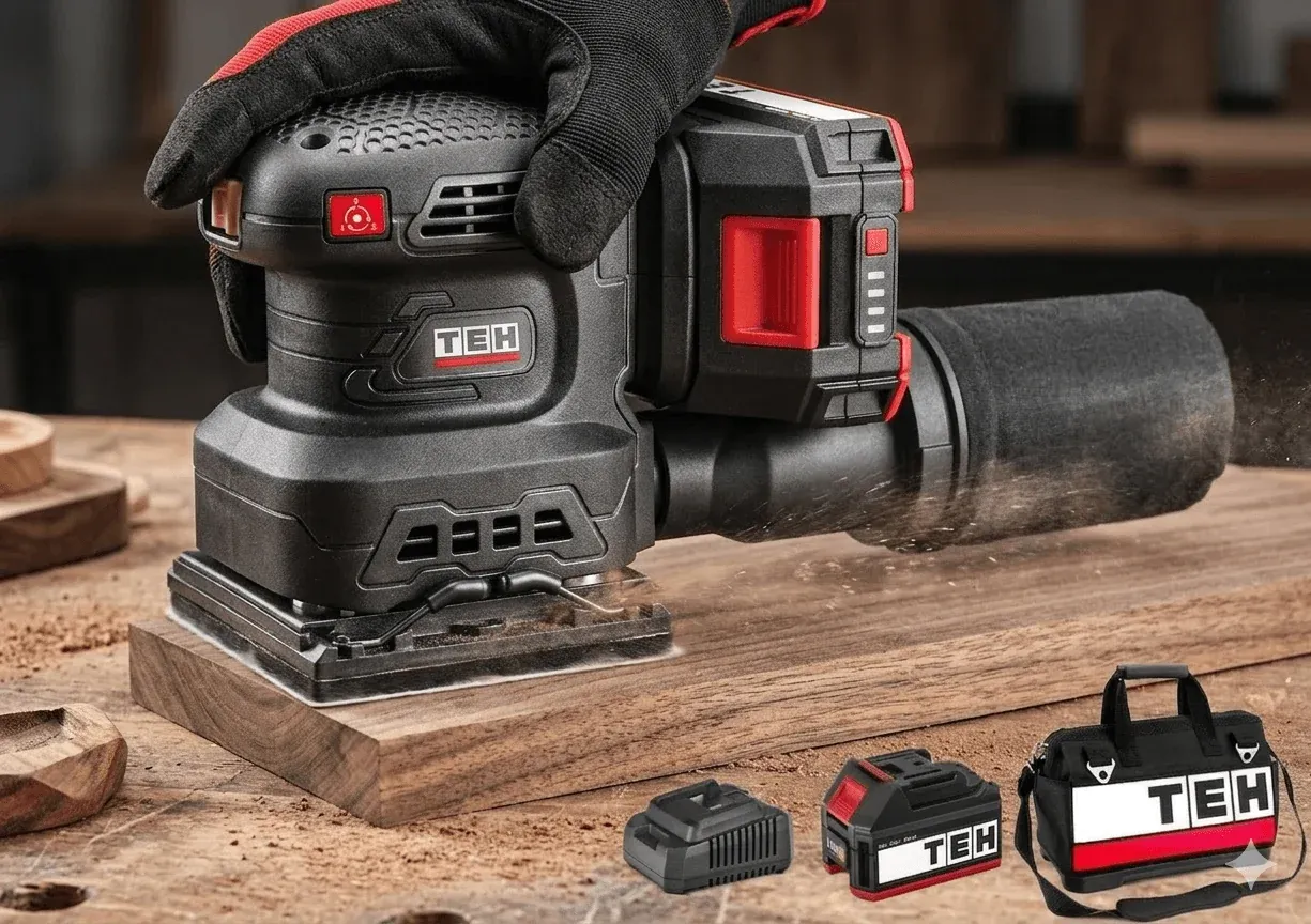 TEH LS401 20V cordless sheet palm sander with brushless motor, black and red, on a wooden plank with sanding accessories.