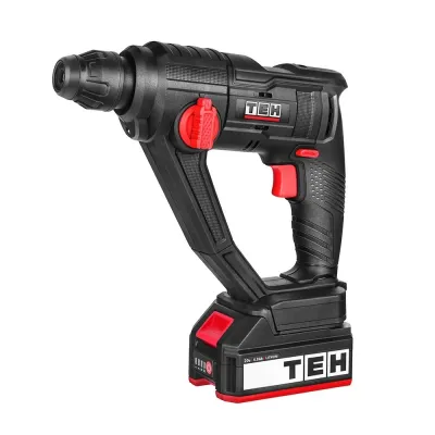 Black TEH LH160 20V cordless SDS rotary hammer drill with red accents, 16mm chuck, and 4Ah battery, showcasing ergonomic design and textured grip.