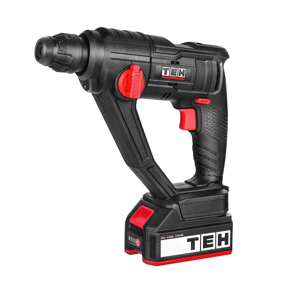 Black TEH LH160 20V cordless SDS rotary hammer drill with red accents, 16mm chuck, and 4Ah battery, showcasing ergonomic design and textured grip.