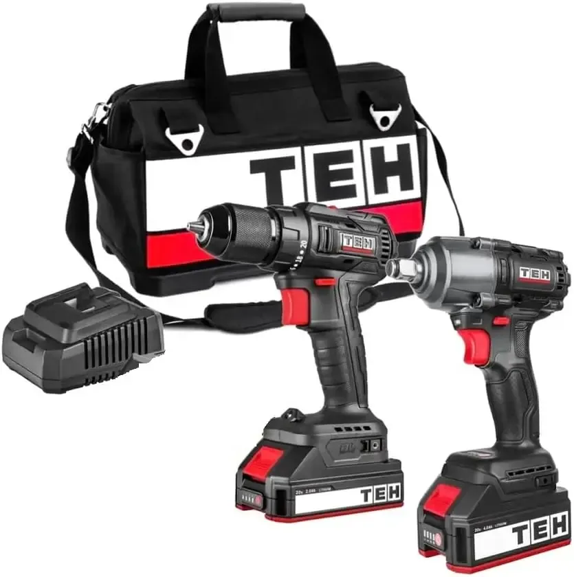 TEH Brushless Impact Drill &amp; Impact Wrench Twin Kit with 2Ah &amp; 4Ah batteries charger and tool bag.