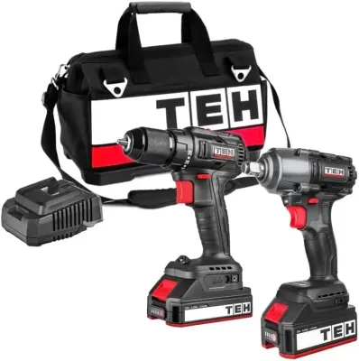 TEH Brushless Impact Drill &amp; Impact Wrench Twin Kit with 2Ah &amp; 4Ah batteries charger and tool bag.