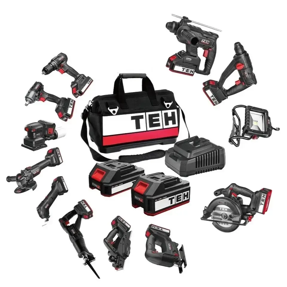 TEH 20V cordless tool set, 12 pieces, black and red, including drill, SDS, jigsaw, circular saw, grinder, batteries, and carry bag.