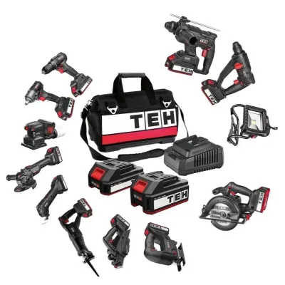 TEH 20V cordless tool set, 12 pieces, black and red, including drill, SDS, jigsaw, circular saw, grinder, batteries, and carry bag.