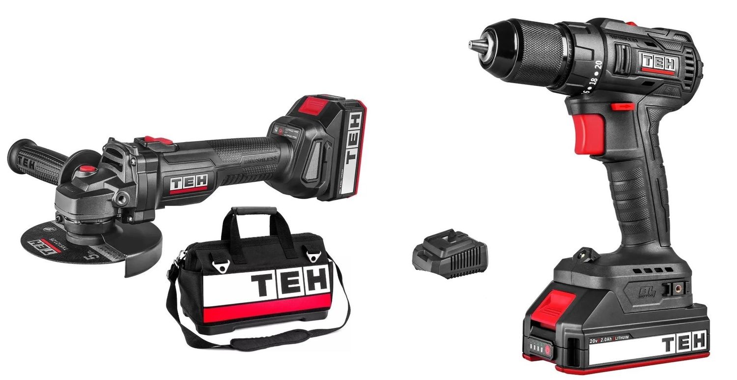 TEH 20V Brushless Twin Cordless Kit | Combi Drill &amp; 125mm Angle Grinder | Drill, Drive, Cut &amp; Grind