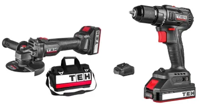 TEH 20V Brushless Twin Cordless Kit, black and red combi drill and angle grinder with carry bag and battery charger.