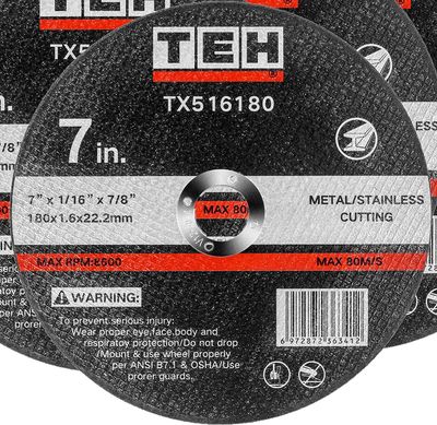TEH TX516180 180mm Metal Cutting Discs 10 Pack – 7 Inch 1.6mm Thin Angle Grinder Cut Off Wheels for Steel & Stainless Steel TEH TX516180 cutting disc, 7" x 1/16" x 7/8", 180x1.6x22.2mm, metal/stainless steel cutting, max 8500 RPM.
