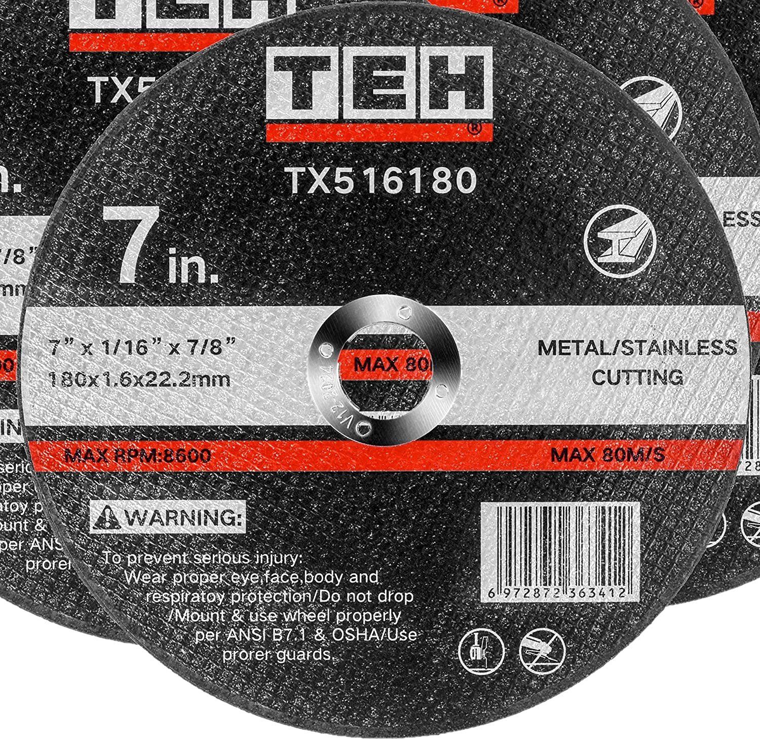 TEH TX516180 cutting disc, 7" x 1/16" x 7/8", 180x1.6x22.2mm, metal/stainless steel cutting, max 8500 RPM.