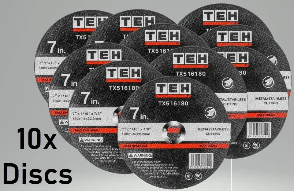 TEH TX516180 180mm Metal Cutting Discs — 1.6mm Thin — 10 Pack