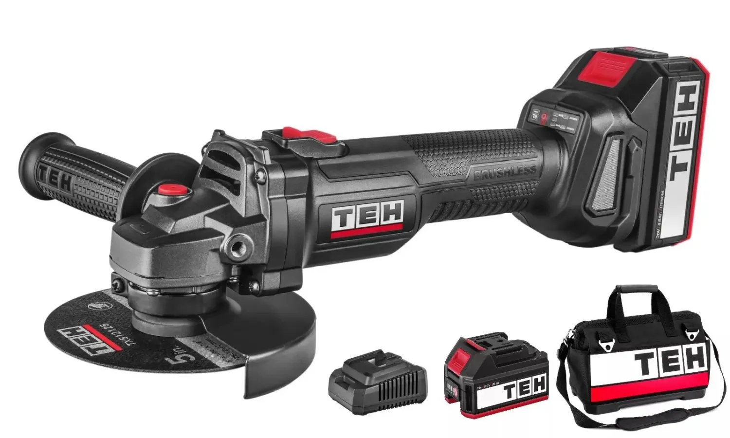 TEH LG125 20V cordless angle grinder kit, brushless, 125mm, black and red, with battery, charger and carry case.