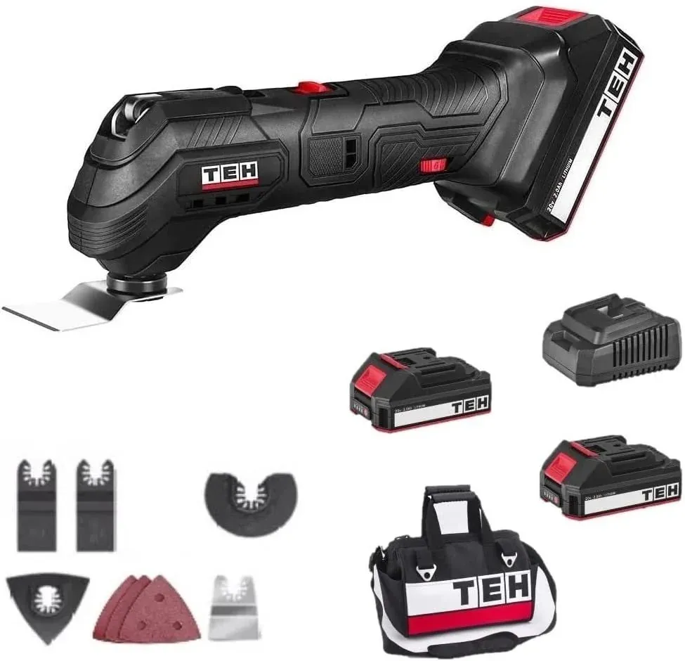 TEH LOM30 20V cordless oscillating multi-tool kit with twin 2Ah batteries, charger, and accessories in a carrying bag, black and red color.