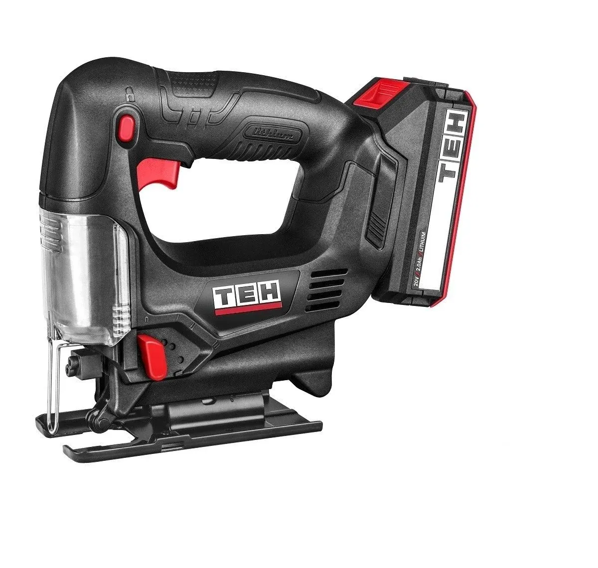TEH LJS665 20V cordless jigsaw, black and red, with battery and blade, TEH logo visible on body and battery pack.