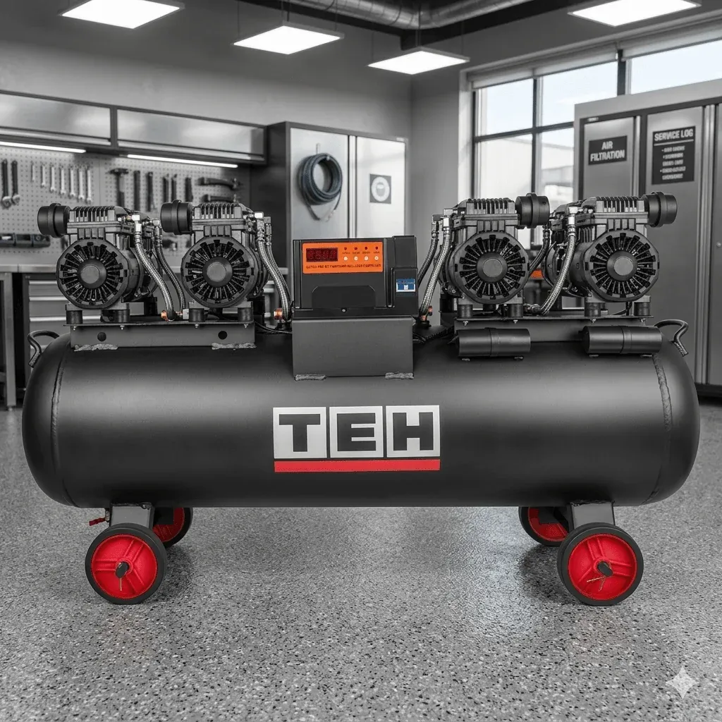 TEH TAC130L 130L Oil-Free Air Compressor, black with red wheels and TEH logo, featuring a digital display and four motors.