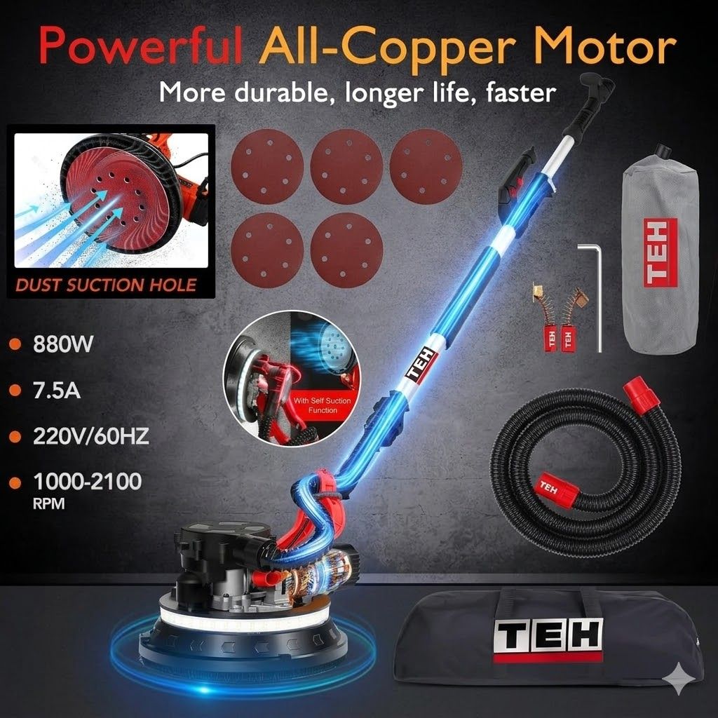 TEH 880W Drywall Sander | Dustless Vacuum | 90° Swivel Head | LED Light | 150-220cm Telescopic | Walls &amp; Ceilings