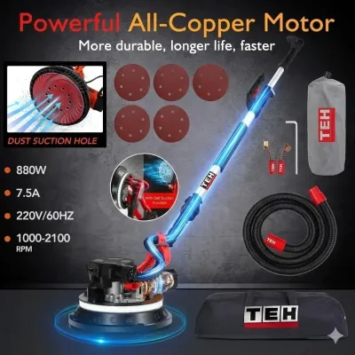 TEH 880W drywall sander with dustless vacuum, 90° swivel head, LED light, and telescopic handle.