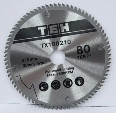 TEH 210mm x 80T TCT circular saw blade, silver with black text, 30mm arbor, for wood cutting, 7500RPM.