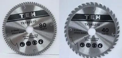 TEH 210mm circular saw blades, 80T and 40T, silver with black text, for wood cutting, 30mm arbor, max 7500RPM.