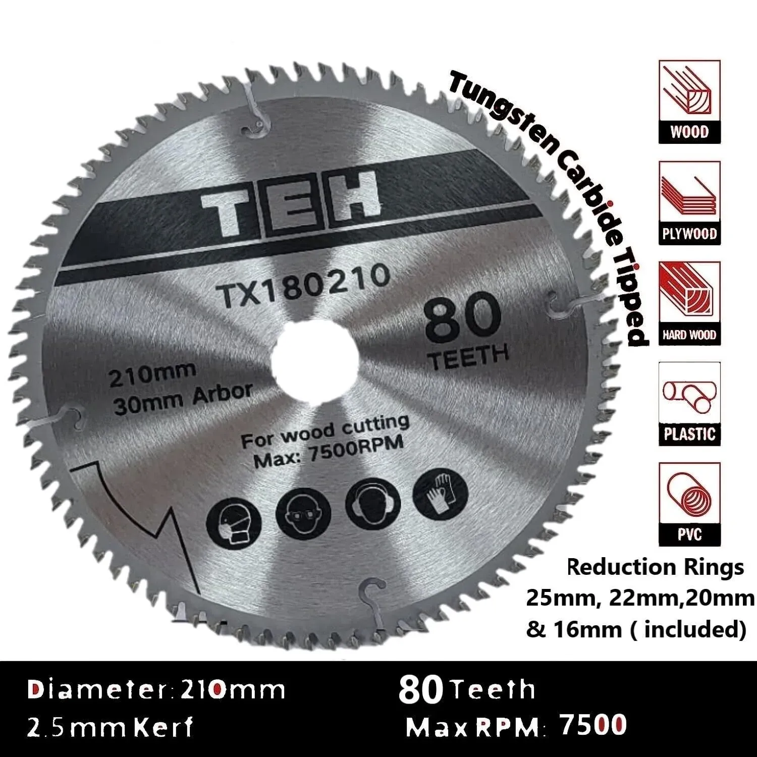 TEH 210mm 80T TCT circular saw blade, tungsten carbide tipped, for wood, plywood, hardwood, plastic, PVC cutting, 30mm arbor, 7500RPM.