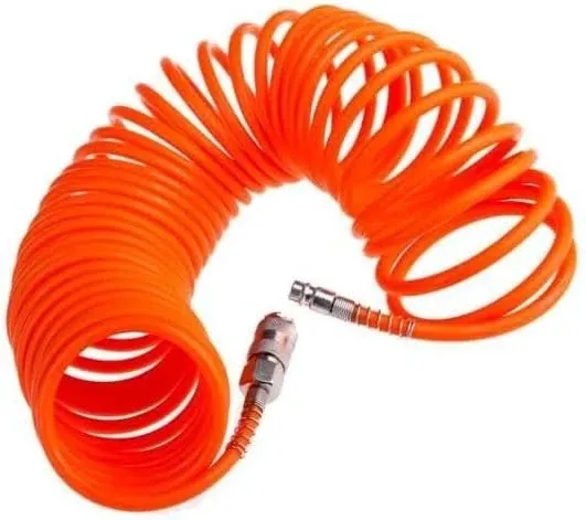 Bright orange coiled air line hose with silver fittings, standard Euro connections, 9 meters long, for pneumatic applications, made of durable materials.