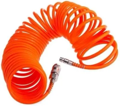 Bright orange coiled air line hose with silver fittings, standard Euro connections, 9 meters long, for pneumatic applications, made of durable materials.