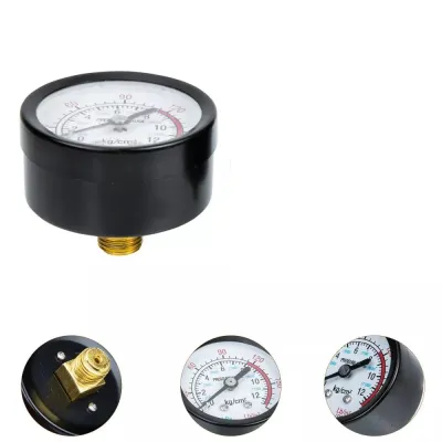Black air pressure gauge with white face, gold threaded stem, and red and black markings, showing pressure measurements in kg/cm2 and lb/in2.