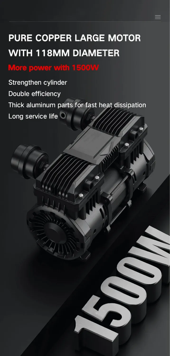 TEH TOOLS Air Compressor Replacement Motor, 1500W pure copper oil-free motor, 118mm diameter, black color, large and robust construction for optimal performance.