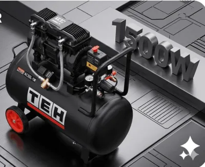 Black TEH 50L oil-free air compressor with 1500W motor, dual gauge, and red accents on wheels and logo.