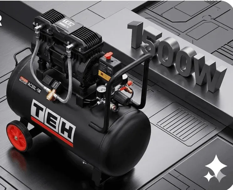 Black TEH 50L oil-free air compressor with 1500W motor, dual gauge, and red accents on wheels and logo.