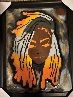 Rasta Girl With Orange and Gray Locs Resin Art Hanging Framed Picture Multi Color 12X16
