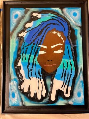 Rasta Girl With White,Blue, and Teal Locs Resin Art Hanging Framed Picture Multi Color 12X16