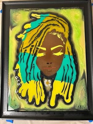 Rasta Girl With Yellow, Green, and Gold Locs Resin Art Hanging Framed Picture Multi Color 12X16