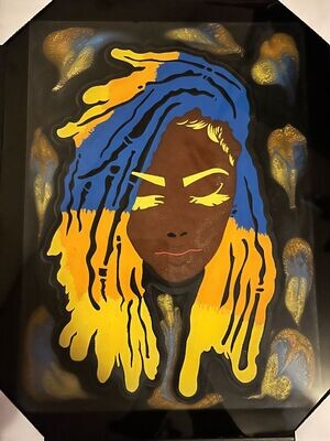 Rasta Girl With Yellow, Orange, and Blue Locs Resin Art Hanging Framed Picture Multi Color 12X16