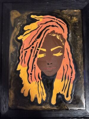 Rasta Girl With Light and Dark Orange Locs Resin Art Hanging Framed Picture Multi Color 12X16