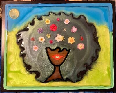 Big Afro Girl Shining in the Sun Resin Art Hanging Framed Picture Multi Color 14x18 in