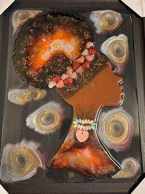 Cosmic Afro Puff Girl With Red, Black, and White Galaxy Puff Resin Art Hanging Framed Picture Multi Color 12x16 in
