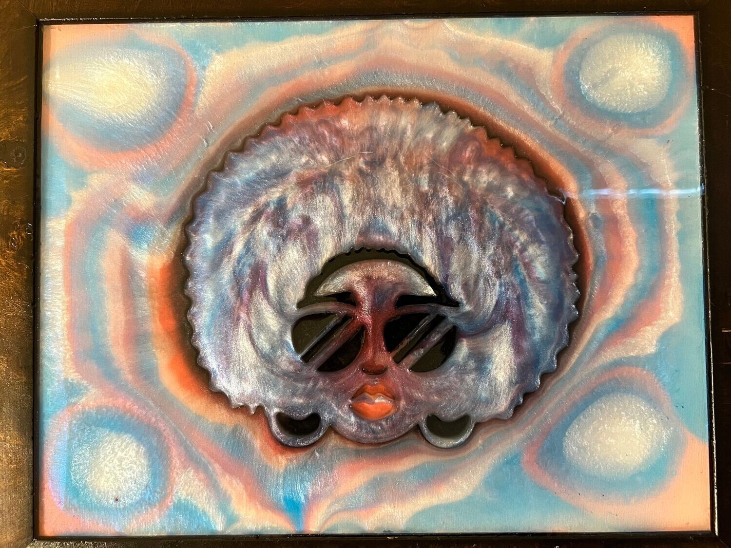 Big Afro Girl With Cool Shades Red, White, and Blue Resin Art Hanging Framed Picture Multi Color 11x14 in