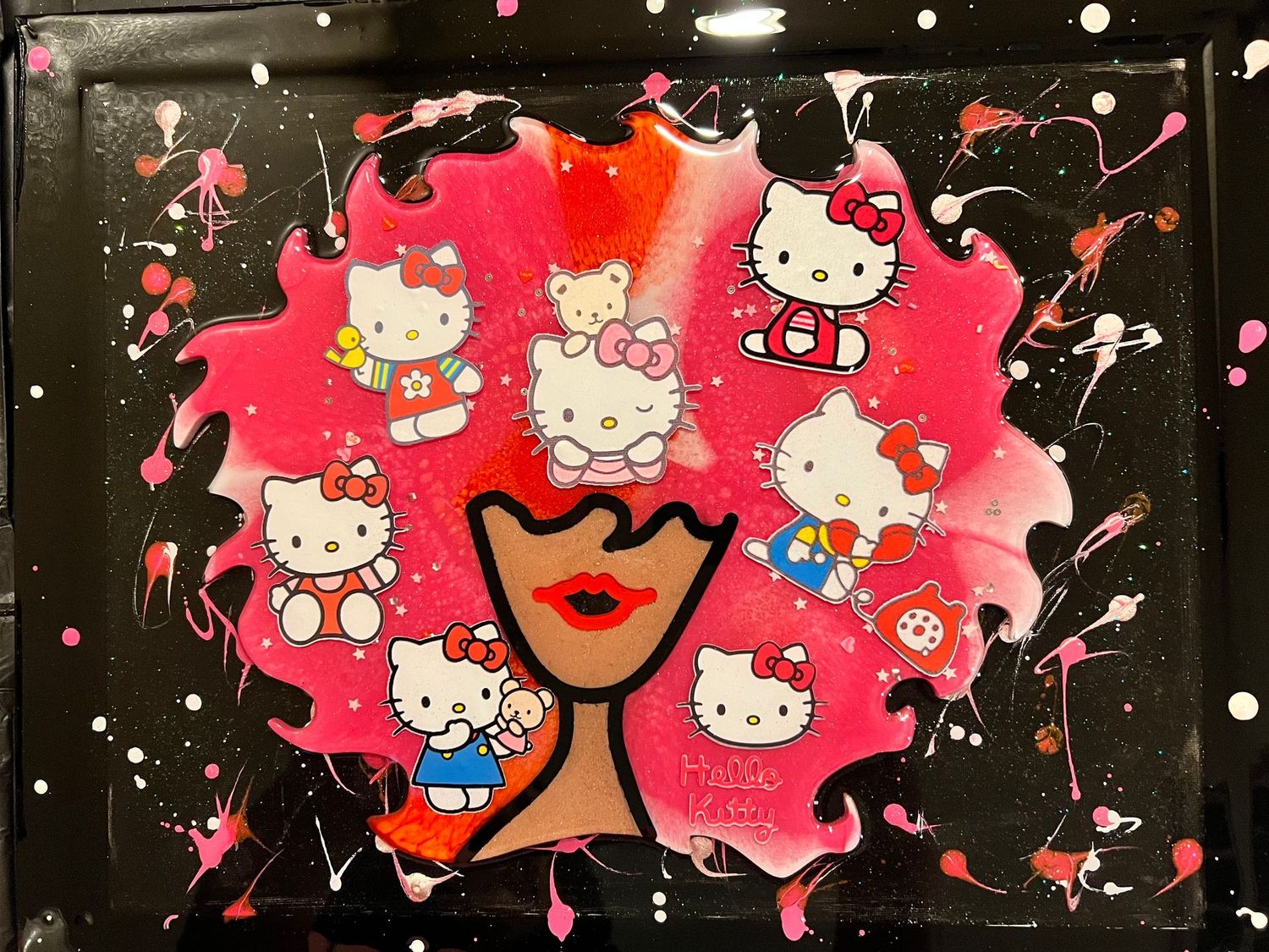 Hello Kitty Big Afro Girl Resin Art Hanging Framed Picture 14x18 in