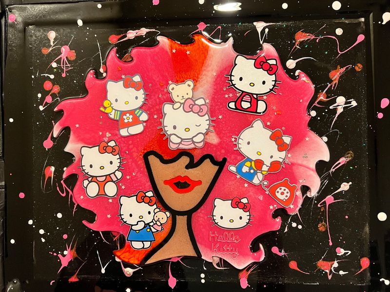 Hello Kitty Big Afro Girl Resin Art Hanging Framed Picture 14x18 in