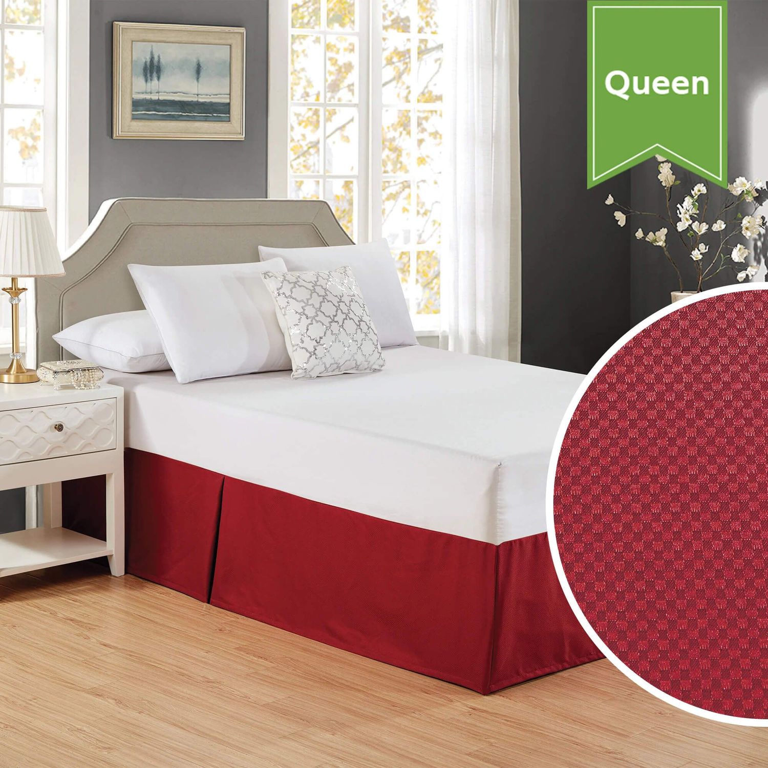 Bed Skirt With Pleats 60 x 80 x 15 Queen Serene Merlot