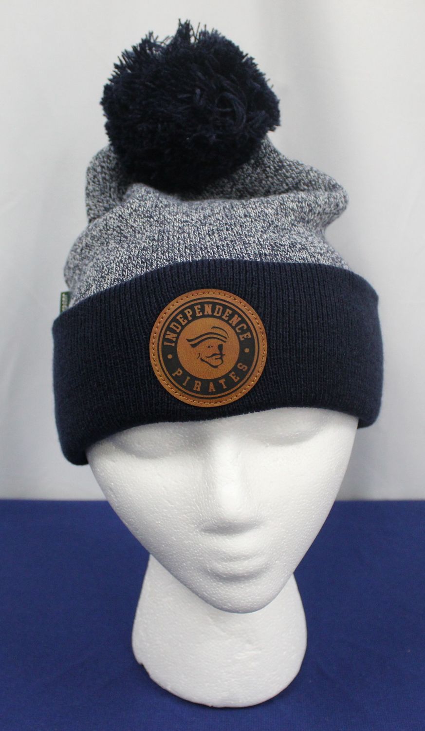 Marled Navy Beanie with Leather Patch and Pom