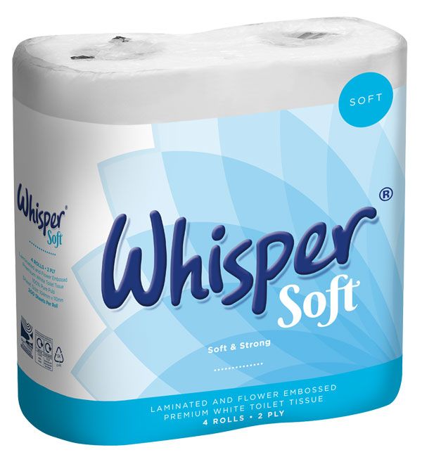 Whisper Soft Luxury Toilet Roll 2 Ply - Pack of 4 Rolls