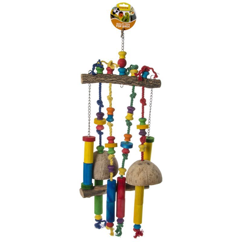 Houten Zitstok Met Touwknopen en Cocosnootschaal