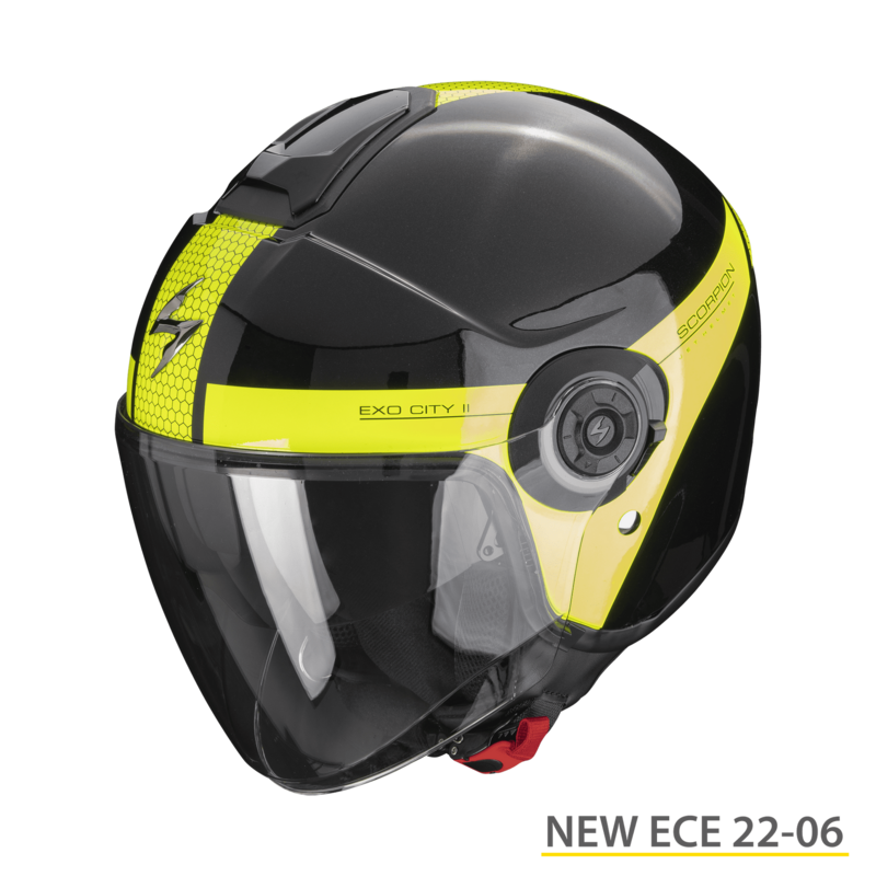SCORPION EXO CITY II HELMET SHORT BLACK METAL NEON YELLOW SCORPION EXO CITY II HELMET SHORT BLACK METAL NEON YELLOW